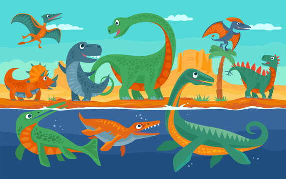 Dinosaurs, mountains, palm, cactus and sky with clouds. Vector flat illustration