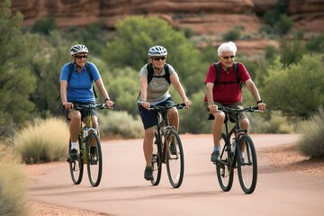 Fototapeta premium Senior friends enjoying ride in bicycle in outdoors. Generative AI