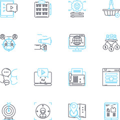 Social analytics linear icons set. Metrics, Engagement, Insights, Performance, Influencers, Sentiment, Followers line vector and concept signs. Viral,Reach,Shares outline illustrations