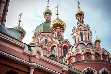Fototapeta na wymiar Orthodox church in Eastern Europe. Low angle perspective. Generative AI