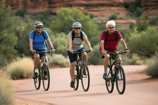 Senior friends enjoying ride in bicycle in outdoors. Generative AI