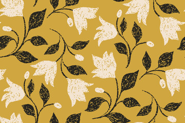 Seamless floral pattern, decorative flower print with folk motif. Vintage botanical design, simple ornament with textural flowers branches, leaves on a yellow background. Vector illustration.