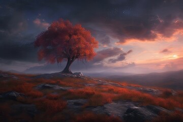 majestic tree on a hill at sunset. Generative AI