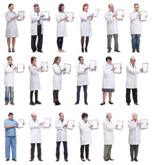 full length group of doctors with notepad isolated