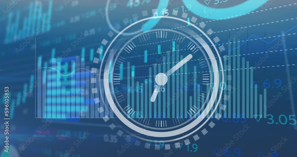 Poster animation of ticking clock over statistical and stock market data processing on blue background