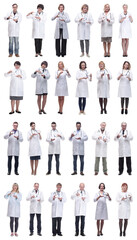 group of doctors holding jar isolated on white