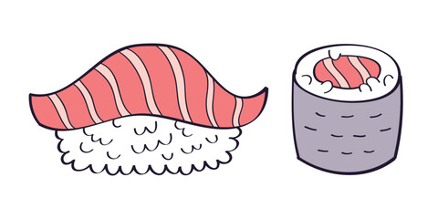 Tuna or salmon nigiri sushi and maki sushi roll set isolated cartoon doodle vector illustration