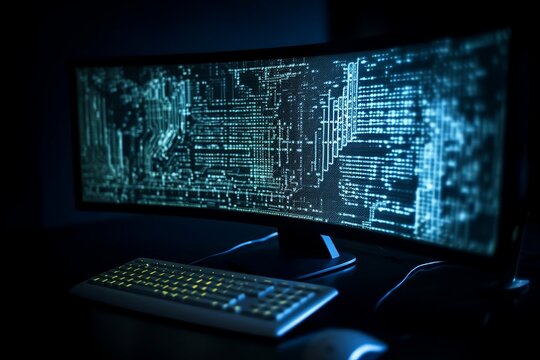 A Computer monitor with a lot of lines of binary code