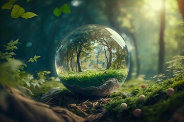 Obraz na płótnie Canvas Round Globe Glass Environment on Grass Filled with Nature, Globe Glass in Green Forest with Sunlight. Generative ai