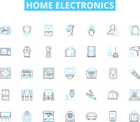 Home electronics linear icons set. Television, Ph, Computer, Headphs, Smartwatch, Speaker, Tablet line vector and concept signs. Camera,Microwave,Oven outline illustrations