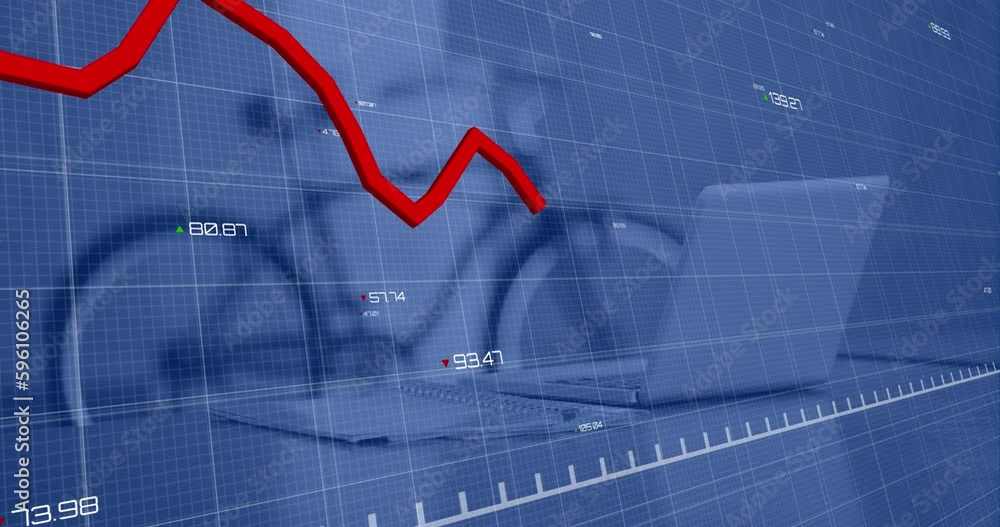 Poster data processing and red line graph over computer on desk and bicycle