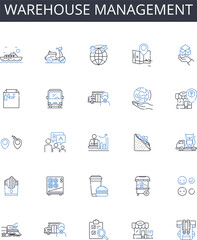 Warehouse management line icons collection. Inventory control, Distribution management, Logistics management, Stock management, Supply chain management, Material handling, Order fulfillment vector and