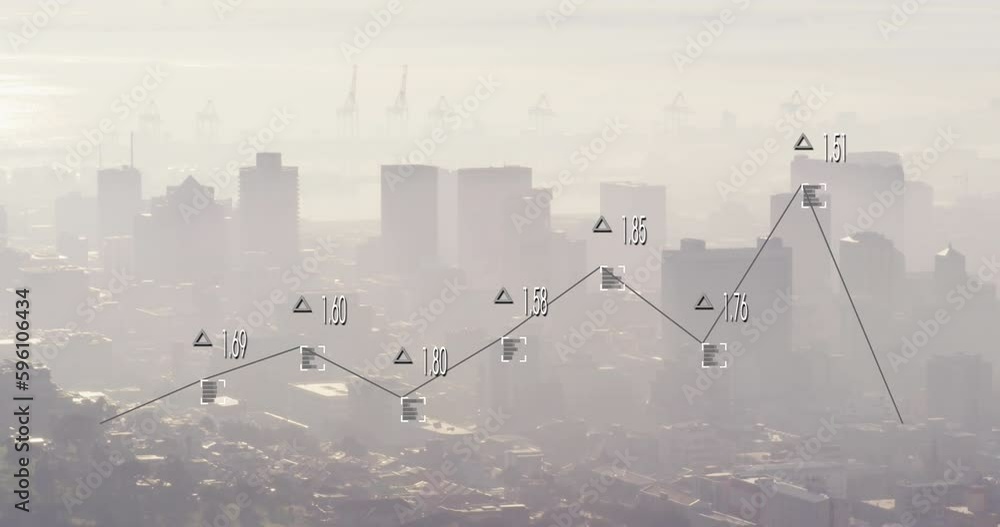 Poster animation of graph with changing numbers and viewfinders over modern cityscape against cloudy sky