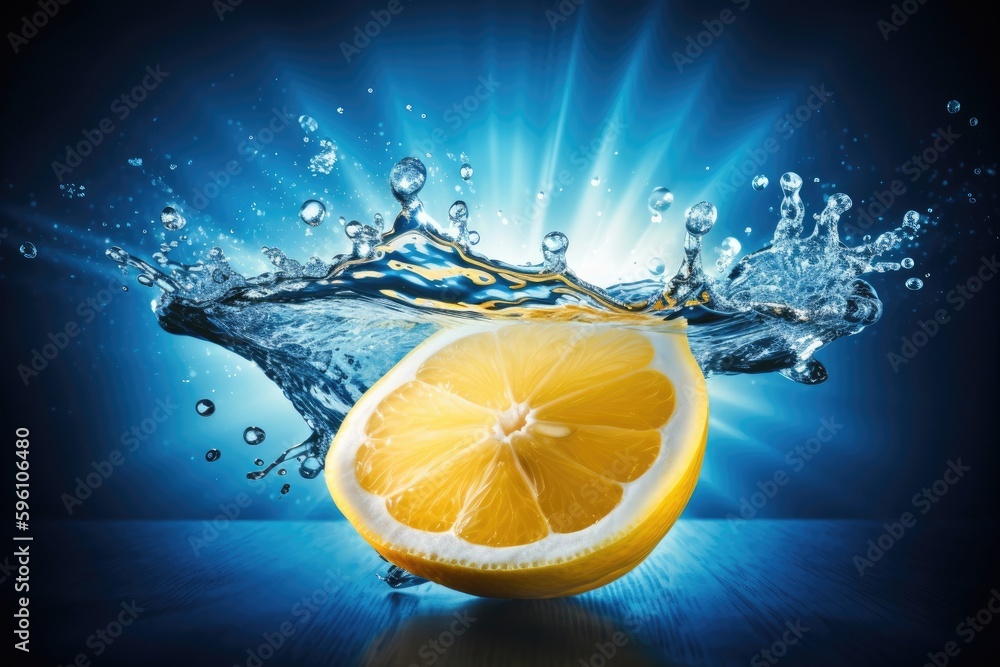 Poster lemon slice being splashed with water, creating a refreshing and vibrant image. generative ai