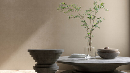Black round stone podium table, tropical tree branch glass vase, wooden bowl in sunlight on beige brown stucco wall, parquet floor for luxury cosmetic, skincare, beauty treatment product background 3D