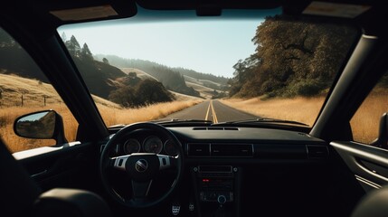 Taking scenic drive with windows down, mountains landscape. AI generated