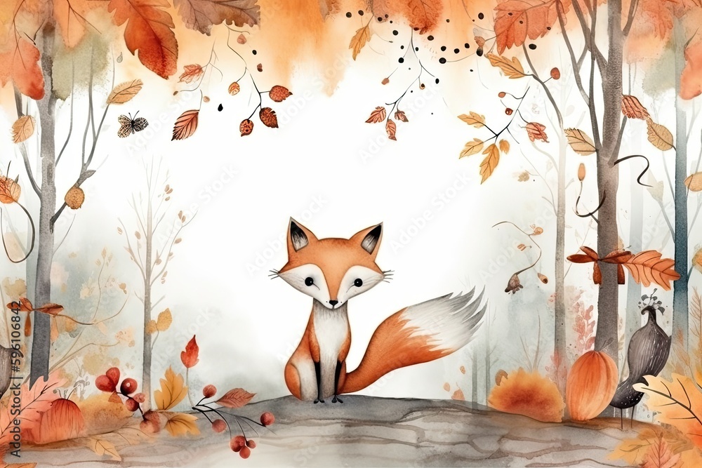 Poster fox in a forest setting. generative ai