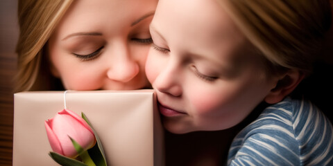 Obraz na płótnie Canvas Daughter hugging her mother and gives her a gift box, congratulating her on mother's day during holiday celebration at home, digital ai 