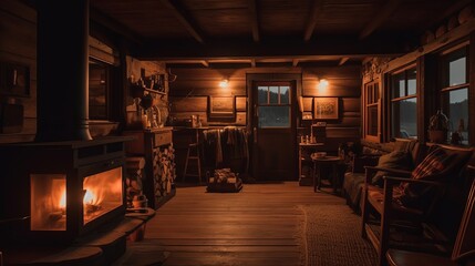 Vacationing in cozy wooden cabin with warm fire at night. AI generated
