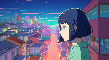 Fototapeta premium Futuristic Anime Girl in an Asian Metropolis