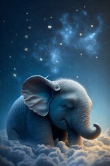 Baby Elephant Sleeping on Cloud with Starry Sky Illustration. Generative ai