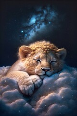 Fototapeta na wymiar Baby Lion Sleeping on Cloud with Starry Sky Illustration. Generative ai