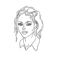 Vector face of woman. Young beautiful girl heads. Front portraits. Black line realistic sketch vintage illustration.
