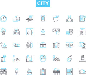 Fototapeta na wymiar City linear icons set. Skyscrapers, Culture, Cuisine, Diversity, Architecture, Nightlife, History line vector and concept signs. Museums,Parks,Fashion outline illustrations