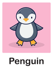 Baby card with penguin illustration and lettering. Cartoon cute penguin. Childrens card, childrens poster.