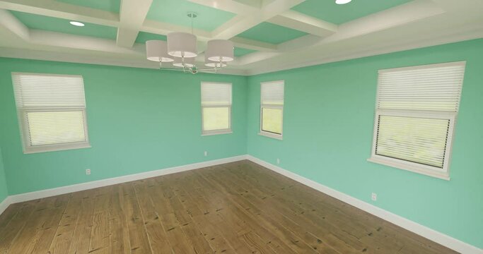 Crane Shot of Freshly Teal Painted Master Bedroom with Coffer Ceiling and New Wood Floor.
