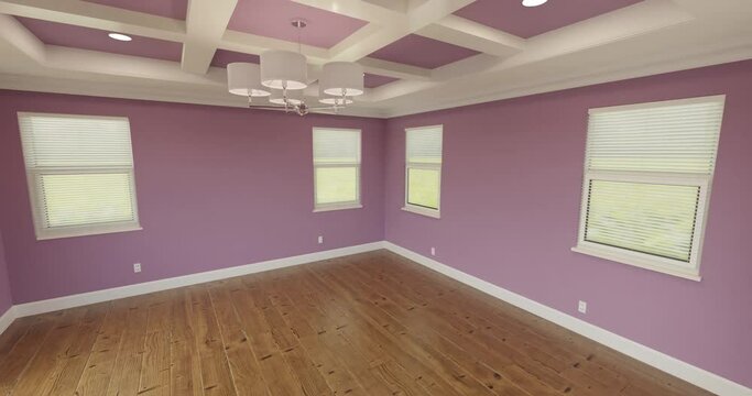 Crane Shot of Freshly Lilac Painted Master Bedroom with Coffer Ceiling and New Wood Floor.
