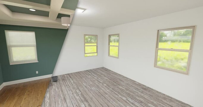 Crane Shot Before and After Unfinished Master Bedroom to Fully Renovated with Coffer Ceiling and FreshDark Teal Paint.

