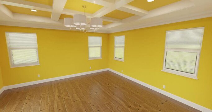 Crane Shot of Freshly Painted Bold Yellow Master Bedroom with Coffer Ceiling and New Wood Floor.
