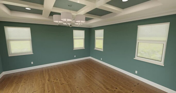 Crane Shot of Freshly Painted Dark Teal Master Bedroom with Coffer Ceiling and New Wood Floor.