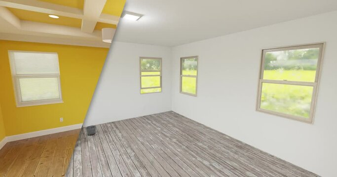 Crane Shot Before and After Unfinished Master Bedroom to Fully Renovated with Coffer Ceiling and Fresh Yellow Paint.
