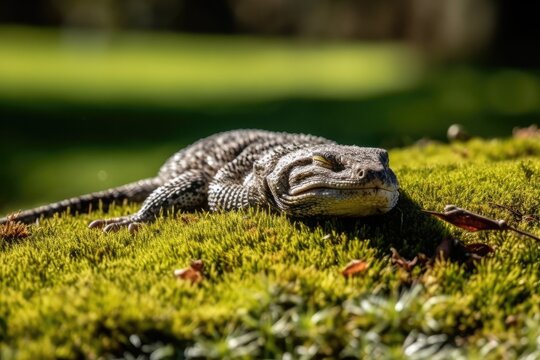 close-up of a green lizard resting on a bed of moss. Generative AI