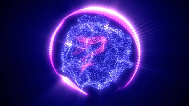 Abstract purple looped energy sphere from particles and waves of magical glowing on a dark background, video 4k, 60 fps