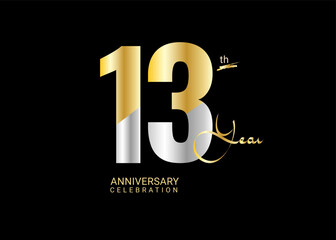 13 Years Anniversary Celebration gold and silver Vector Template, 13 number logo design, 13th Birthday Logo,  logotype Anniversary, Vector Anniversary For Celebration, poster, Invitation Card