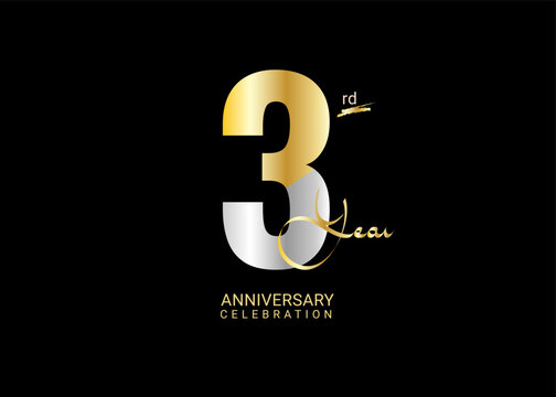 3 Years Anniversary Celebration gold and silver Vector Template, 3 number logo design, 3rd Birthday Logo,  logotype Anniversary, Vector Anniversary For Celebration, poster, Invitation Card