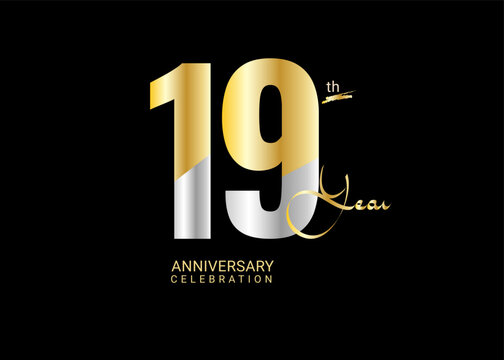 19 Years Anniversary Celebration gold and silver Vector Template, 19 number logo design, 19th Birthday Logo,  logotype Anniversary, Vector Anniversary For Celebration, poster, Invitation Card