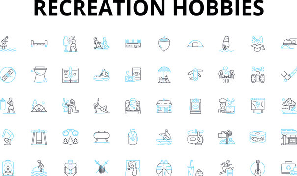 Recreation hobbies linear icons set. Gardening, Cooking, Painting, Pottery, Fishing, Biking, Hiking vector symbols and line concept signs. Camping,Boating,Photography illustration