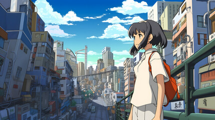 Fototapeta premium Futuristic Anime Girl in an Asian Metropolis
