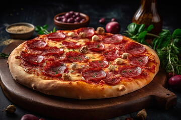 Obraz na płótnie Canvas Crispy Salami Pizza, Perfect for Your Next Snack Time, ai generated