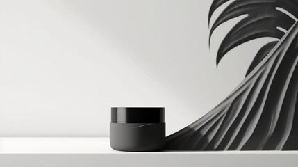 Blank black cement curve counter podium with texture, soft beautiful dappled sunlight, leaf shadow on white wall for luxury organic cosmetic, skincare, beauty treatment product background 3D