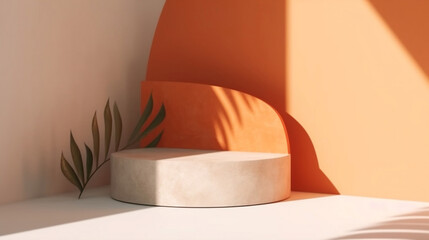 Blank orange cement curve counter podium with texture, soft beautiful dappled sunlight, leaf shadow on white wall for luxury organic cosmetic, skincare, beauty treatment product background 3D