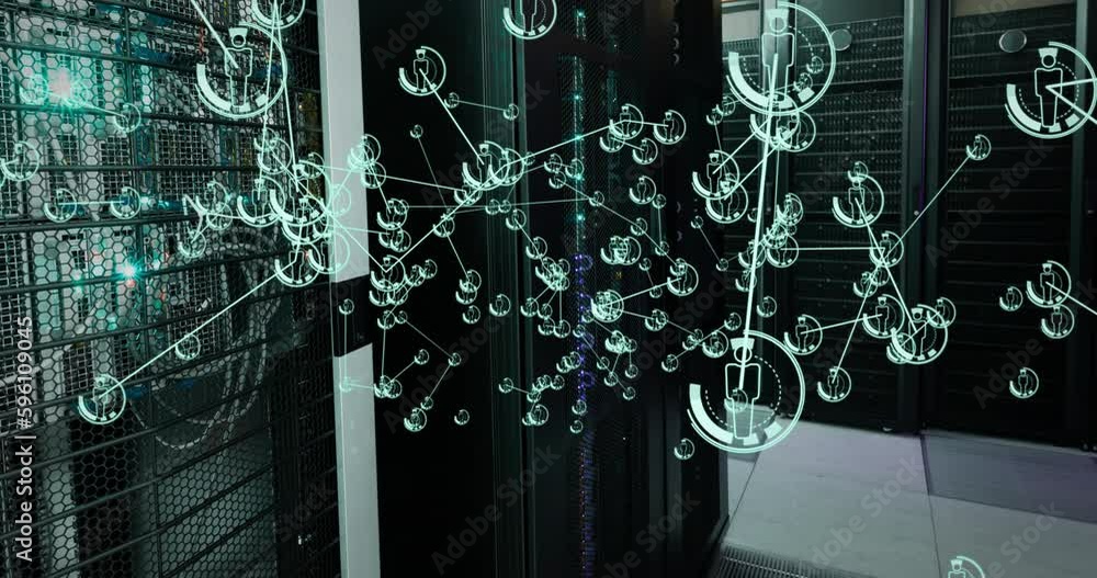 Poster animation of icons connected with lines over server room in background