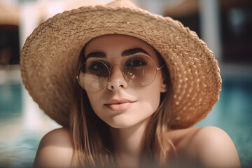 Beautiful young woman in a straw hat and sunglasses in a swimming-pool, closeup. Generative AI