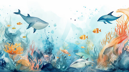 Underwater world, different fishes, cartoon style, banner design. Generative AI