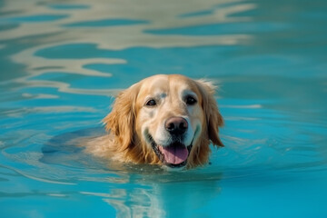 Golden retriever dog swimming in a swimming-pool. Generative AI