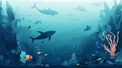 Fototapeta premium Undersea world, cartoon style, banner design. Generative AI